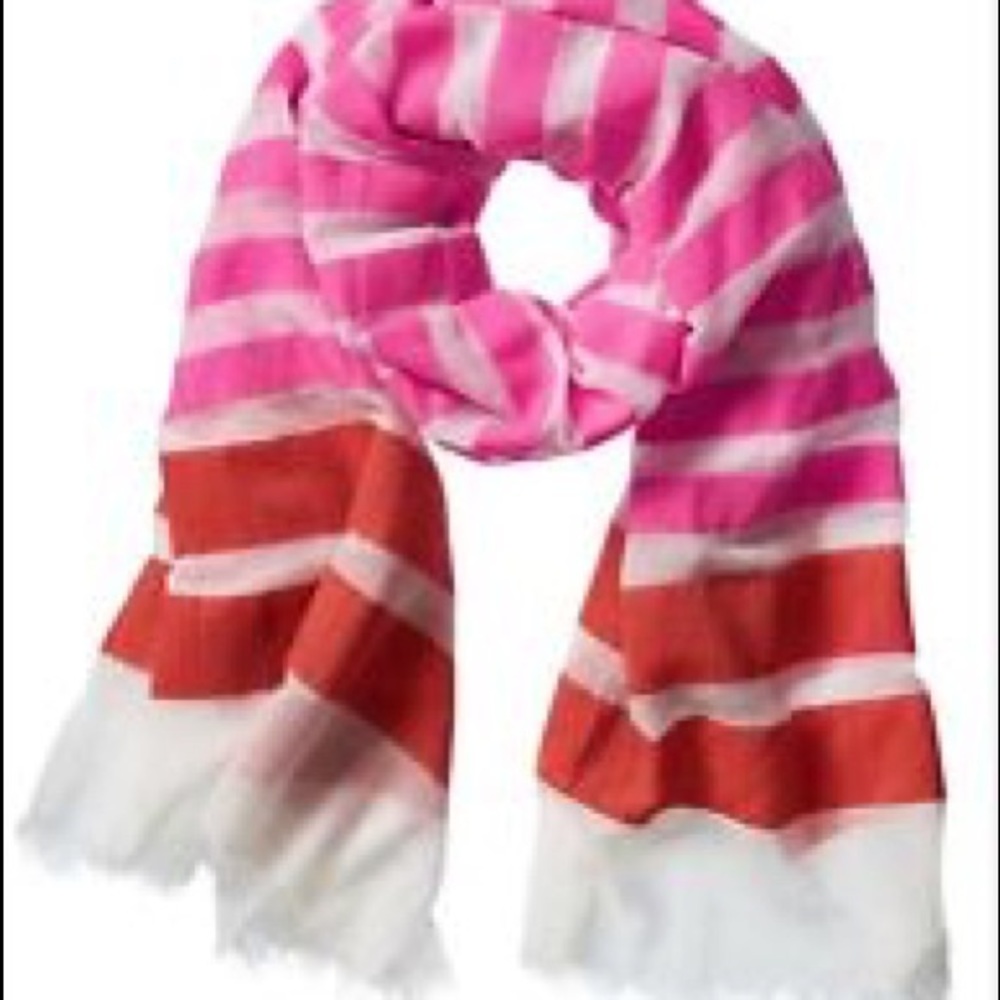 Banana Republic Pink, White & Deep Orange (or Oriental Red) Striped Scarf